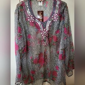 NWT Wayan Sheer Polka Dot Flower Blouse Sz XL/42